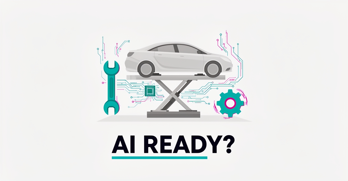 Flat illustration of a car on a service lift connected to circuit lines and an AI chip, symbolizing AI readiness for oil change shops.