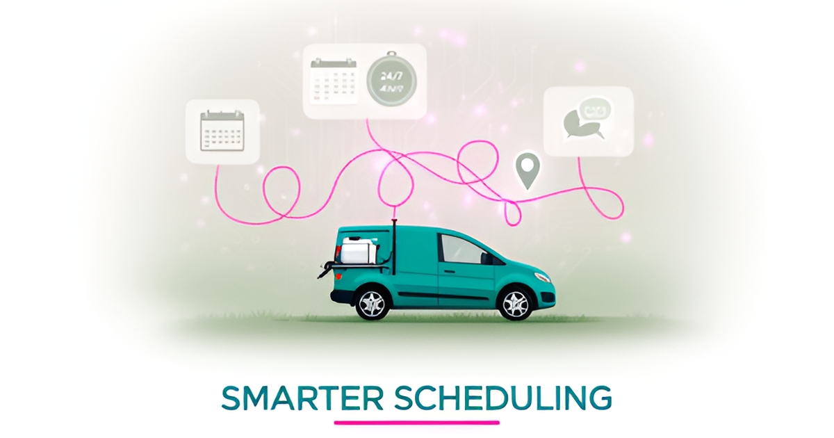Flat illustration of a pest-control van with AI-powered scheduling, routing, and communication icons in teal and magenta accents.