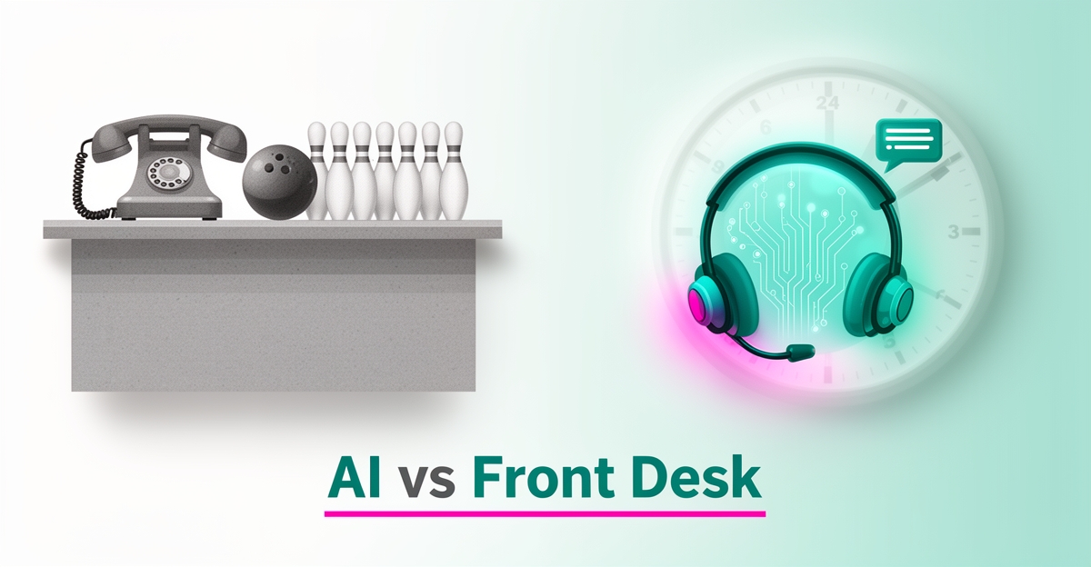 Flat illustration comparing a traditional bowling alley front desk with a glowing AI receptionist icon in teal and magenta, headlined AI vs Front Desk.