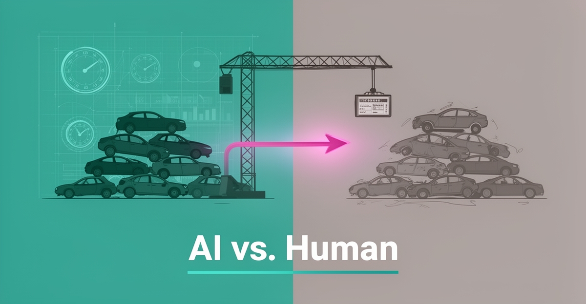 Flat illustration of a salvage yard split between AI-optimized teal scheduling grids and manual gray methods, bridged by a magenta hybrid flow line.
