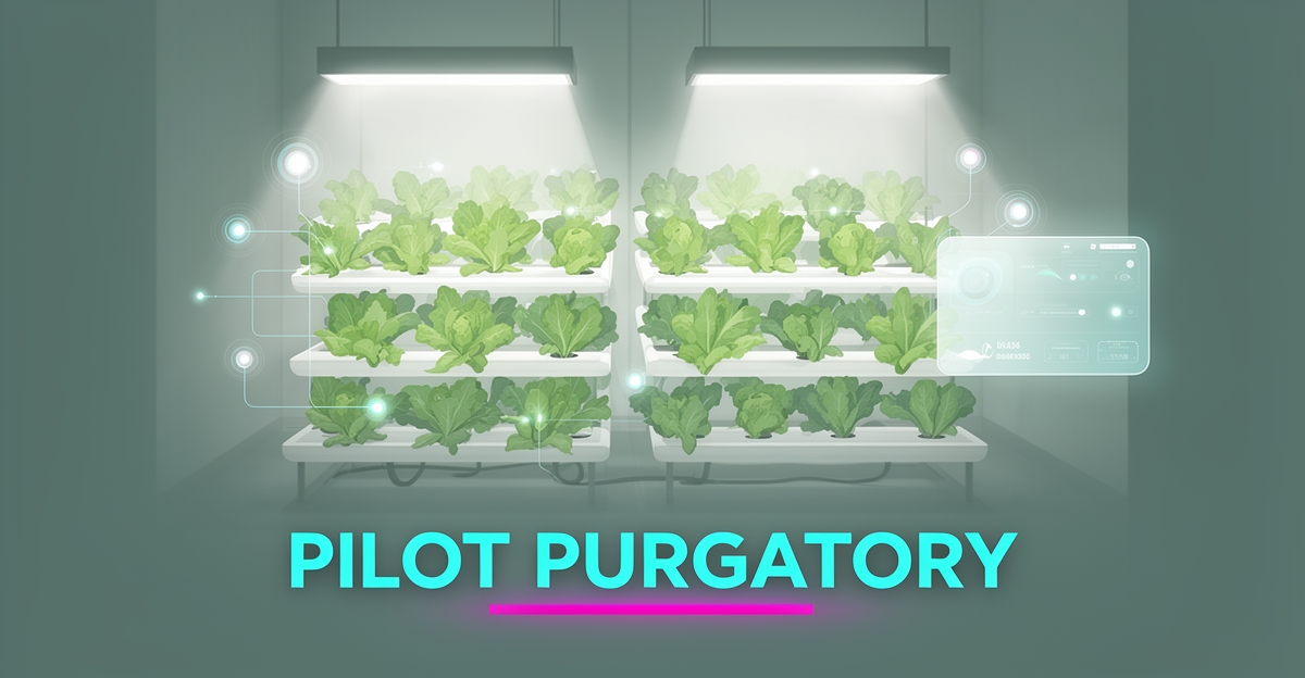 Flat illustration of a hydroponic vertical farm with glowing data lines linking plants to a minimal AI dashboard, accented in teal and magenta.