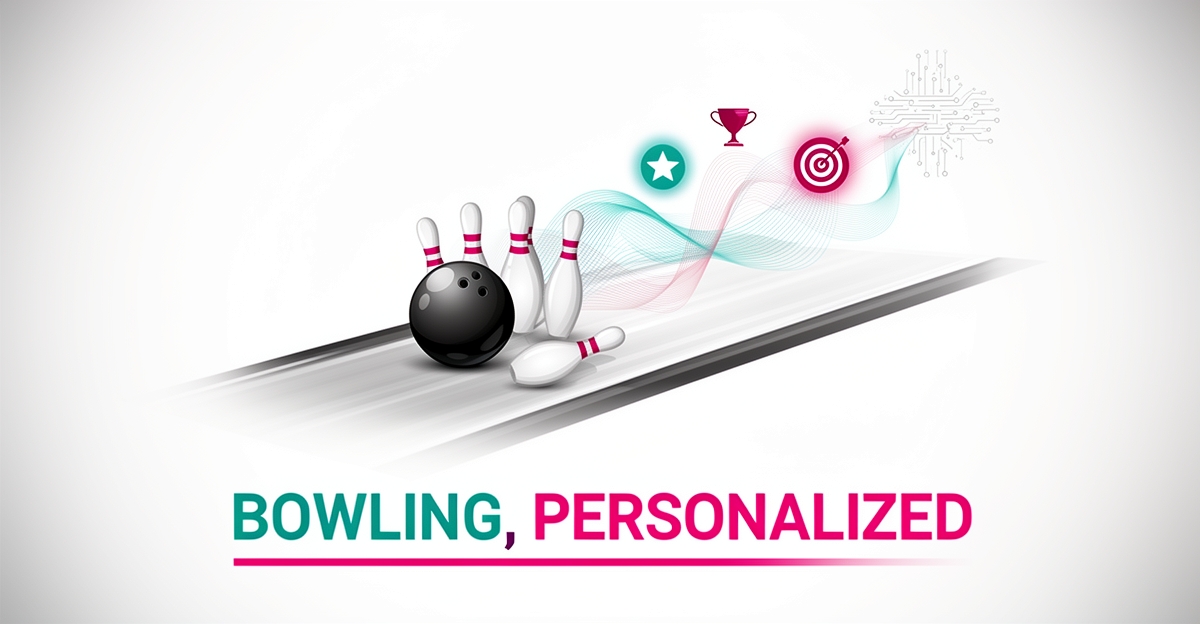 Flat illustration of a bowling ball and pins with AI data streams in teal and magenta, illustrating personalized bowling experiences.