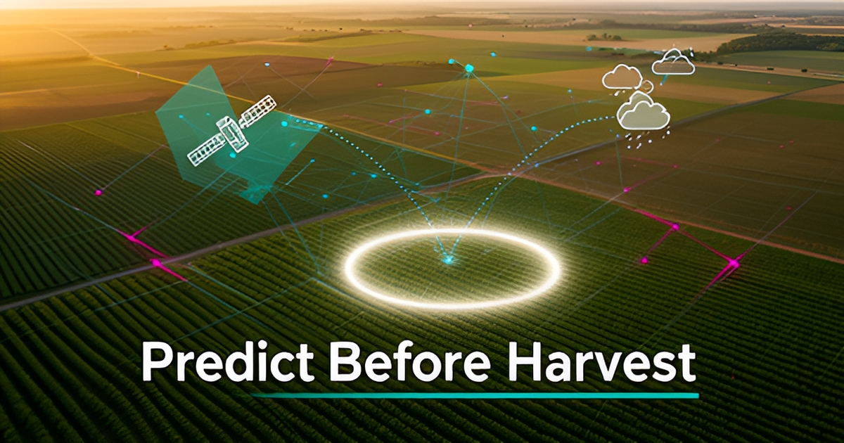 Flat illustration of aerial farmland overlaid with satellite and weather data connections in teal and magenta, symbolizing AI crop condition prediction before harvest.