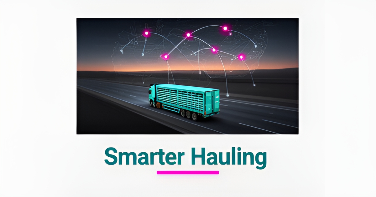 Flat illustration of a livestock trailer truck on a highway with glowing AI route lines, accented in teal and magenta, headlined Smarter Hauling.