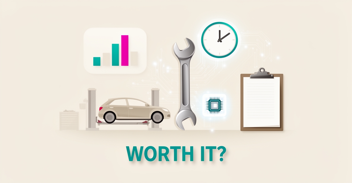 Flat illustration of an auto repair bay with AI dashboard graphics and rising ROI chart, accented in teal and magenta, headlined 'Worth It?'
