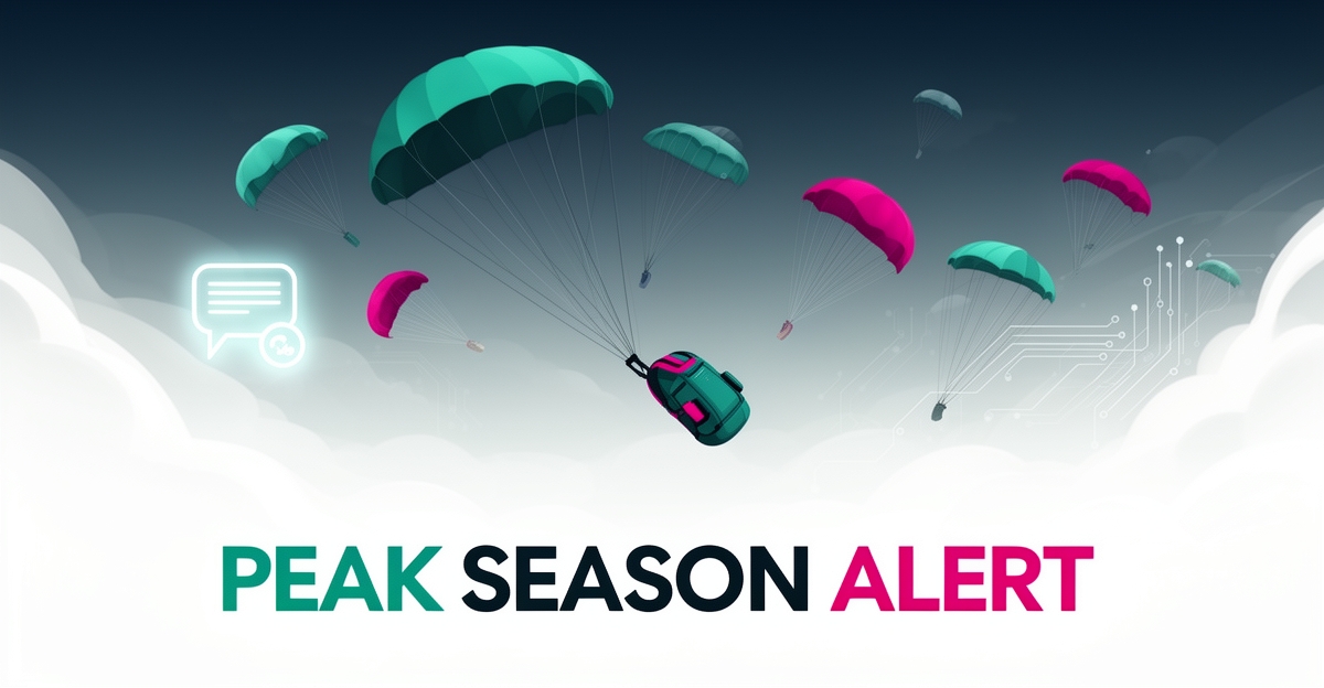 Flat illustration of parachutes and AI chat icons in teal and magenta symbolizing AI-driven customer support for skydiving facilities.