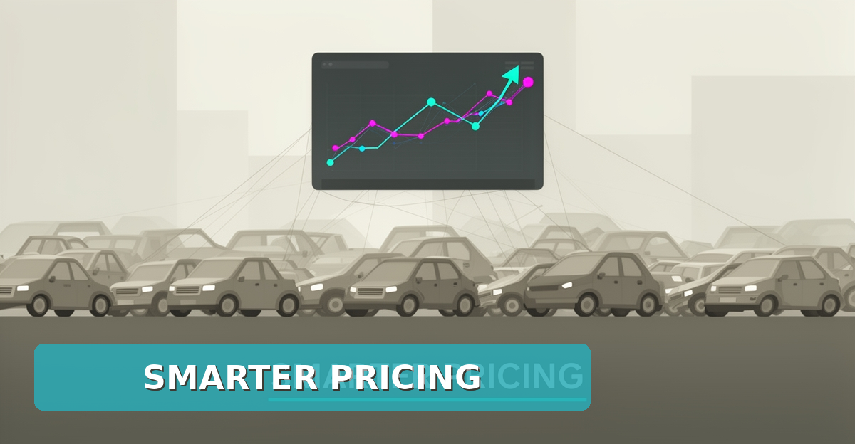 Flat illustration of a salvage yard with vehicles connected to an AI valuation dashboard showing rising pricing trends in teal and magenta.
