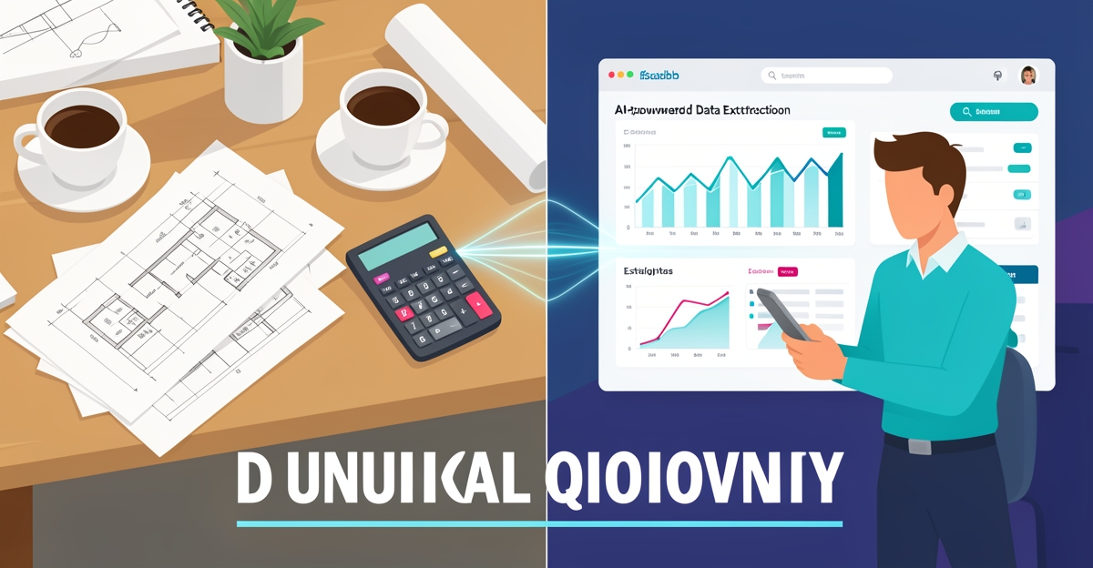 Split-screen illustration contrasting manual quoting clutter with AI-powered digital workflow, featuring brand color accents and the headline 'AI Cuts Quote Time' in the lower third.