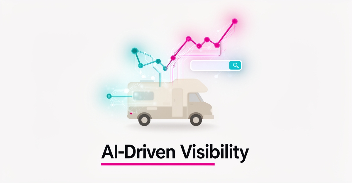 Flat illustration of an RV van connected to glowing AI data streams and a rising visibility chart, symbolizing AI-powered marketing for RV rental companies.