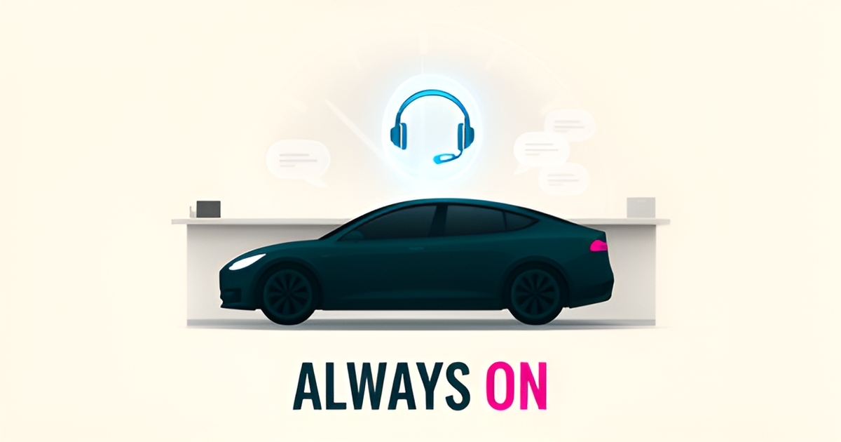 Flat illustration of a rental car with glowing AI chat bubbles and a 24/7 clock, accented in teal and magenta, headlined Always On.