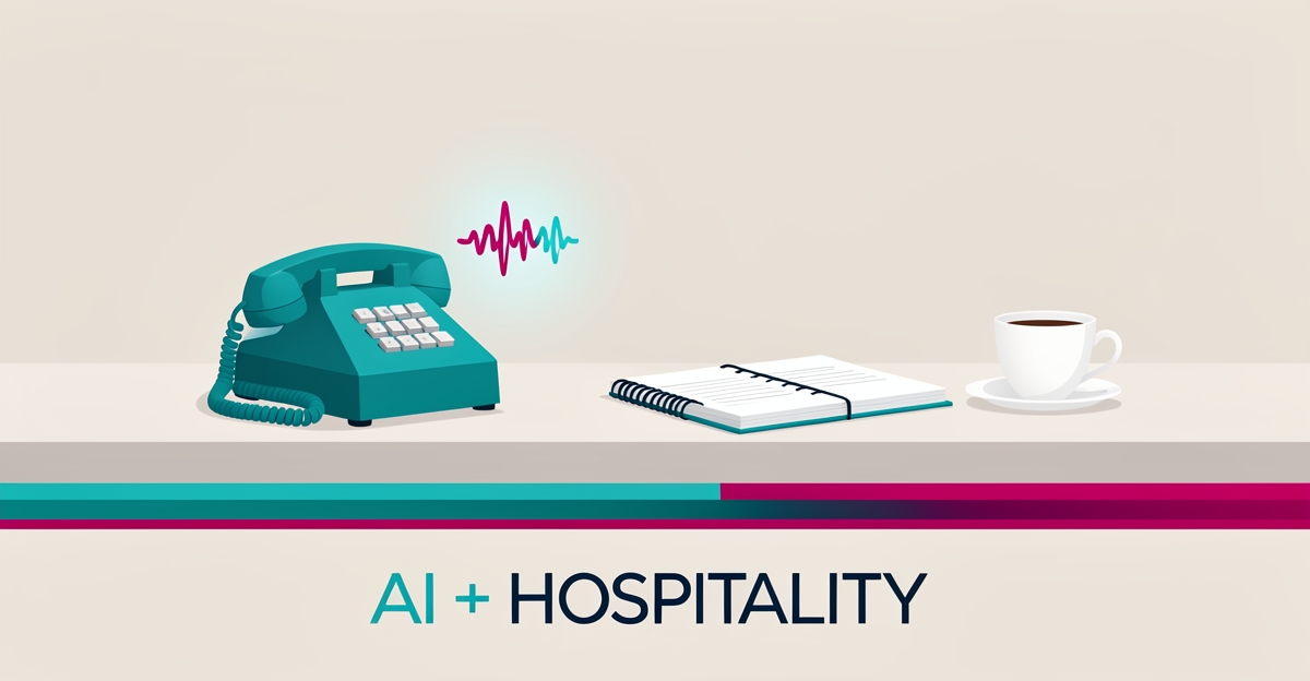 Flat illustration of a diner host counter with a phone and AI voice assistant icon in teal and magenta, with headline AI + Hospitality.