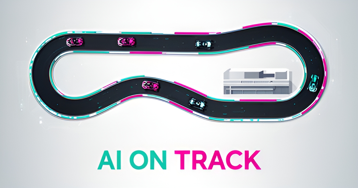Minimalist flat illustration of a go-kart track with teal and magenta AI-themed accents and headline reading AI On Track.