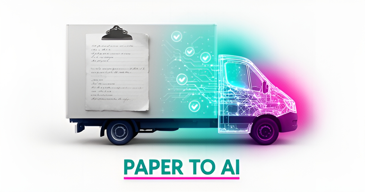 Flat illustration of a fleet truck transforming from paper maintenance logs into AI-powered digital records, accented in teal and magenta.