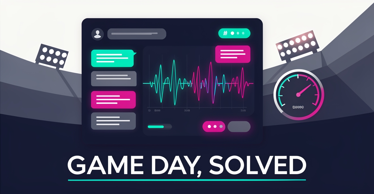 Flat illustration of an AI support dashboard with chat bubbles and voice waves resolving game-day issues in real time.