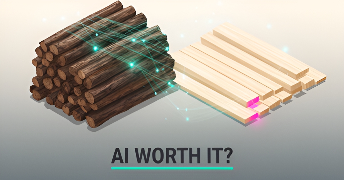 Flat illustration of sawmill logs and lumber with teal AI scan lines and the headline AI Worth It?