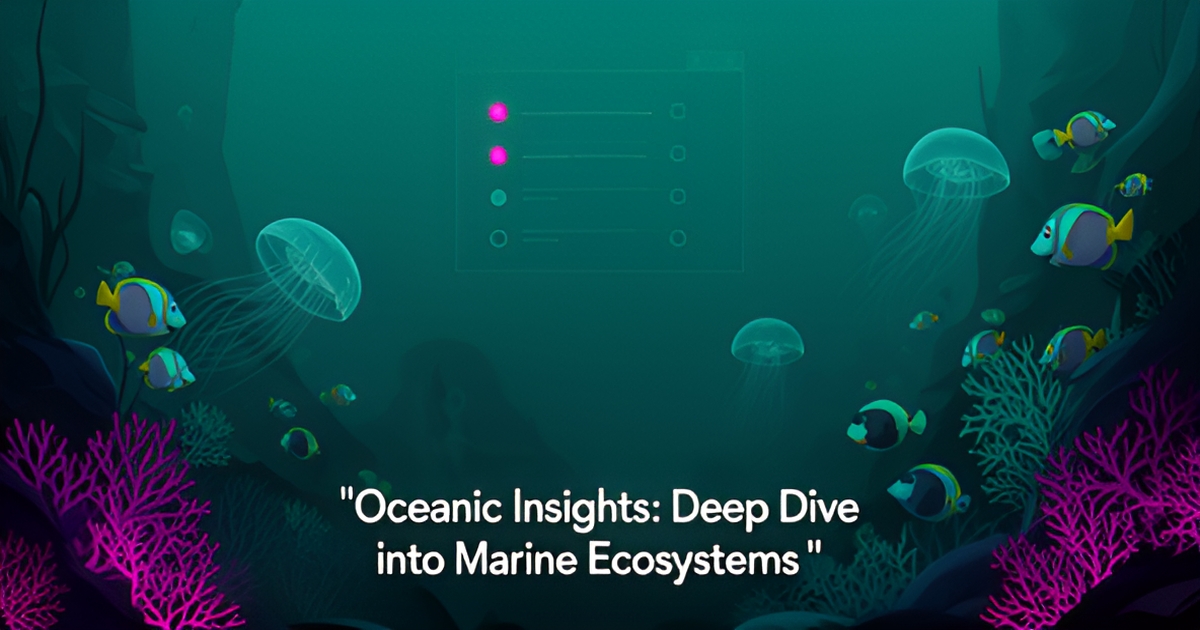 Flat illustration of an aquarium habitat with fish and jellyfish alongside a subtle digital task-alert interface in teal and magenta accents.