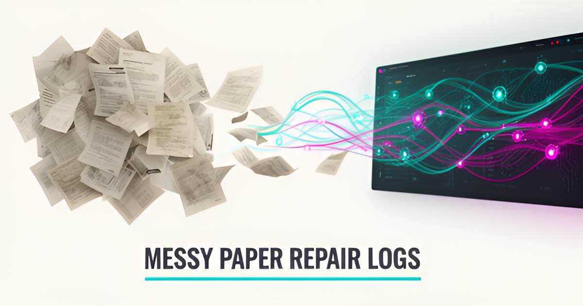 Flat illustration of messy paper repair logs transforming into a unified AI-powered digital dashboard with teal and magenta accents.