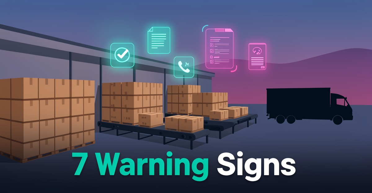 Flat illustration of a tobacco distribution warehouse with glowing AI automation icons in teal and magenta, titled 7 Warning Signs.