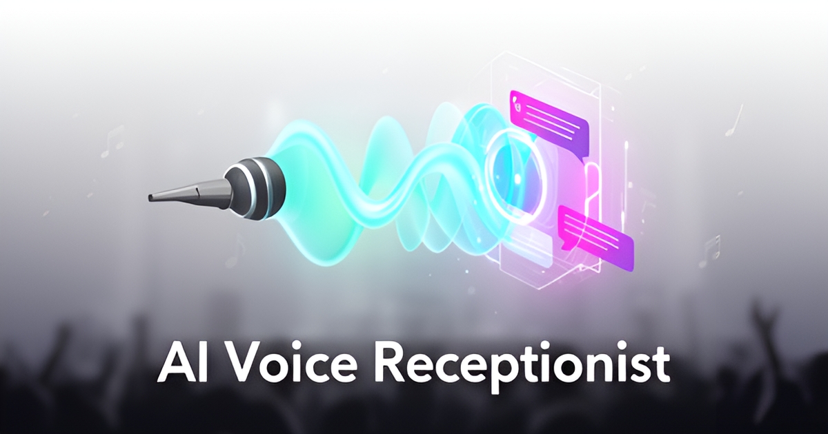 A minimalist flat illustration showing a microphone sound wave merging into a digital AI chatbot interface, with brand-colored accents, representing AI voice receptionists for live music venues.