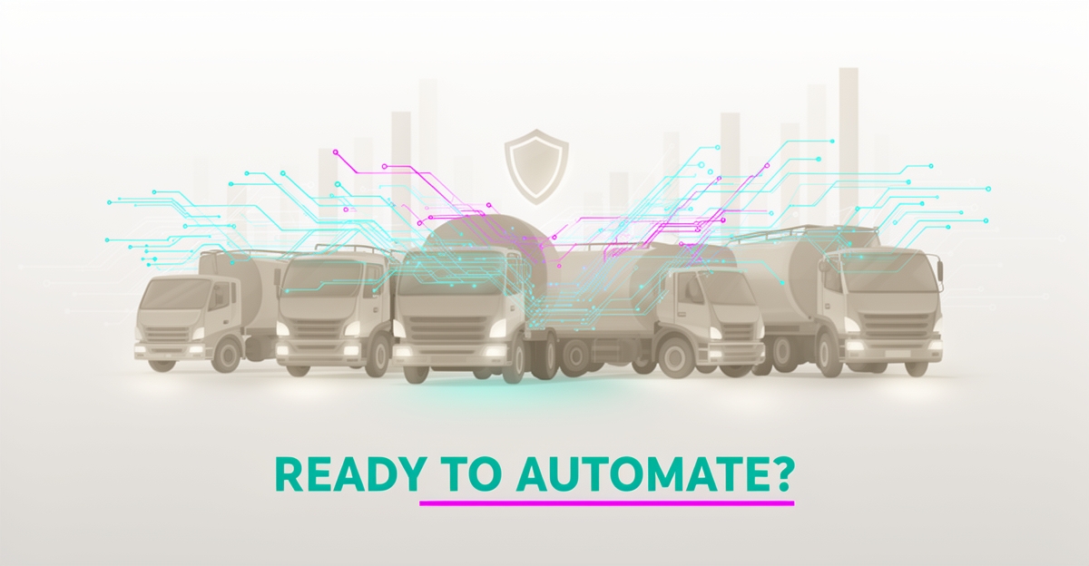 Flat illustration of a fleet with glowing AI circuit lines in teal and magenta, headline reading Ready to Automate?