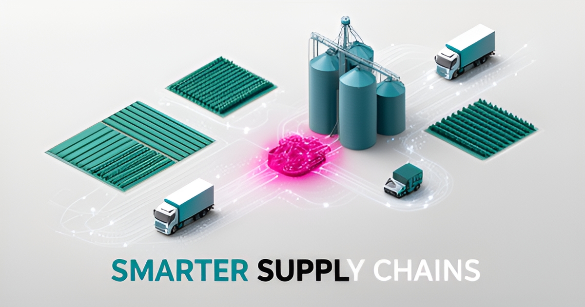 Flat illustration of an AI-connected agricultural supply chain linking farms, silos, and trucks with teal and magenta data pathways.