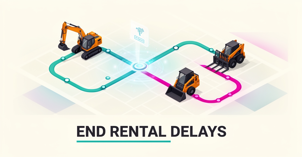 Flat illustration of AI-optimized routing lines connecting rental equipment across a dispatch map with teal and magenta accents.