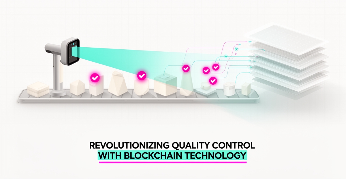 Flat illustration of an AI inspection scanner feeding checkmarked data into a secure digital audit ledger in teal and magenta.
