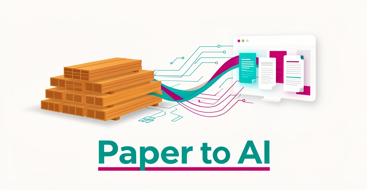 Flat illustration of lumber stacks transforming into digital data streams in teal and magenta, symbolizing AI-automated sales order processing.
