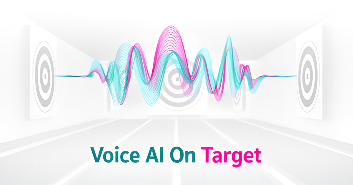 Flat illustration of an archery range with glowing AI voice soundwaves over targets, accented in teal and magenta.