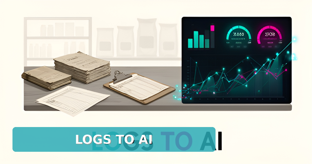 Flat illustration of paper veterinary feed store logs transforming into an AI-powered digital inventory dashboard in teal and magenta.