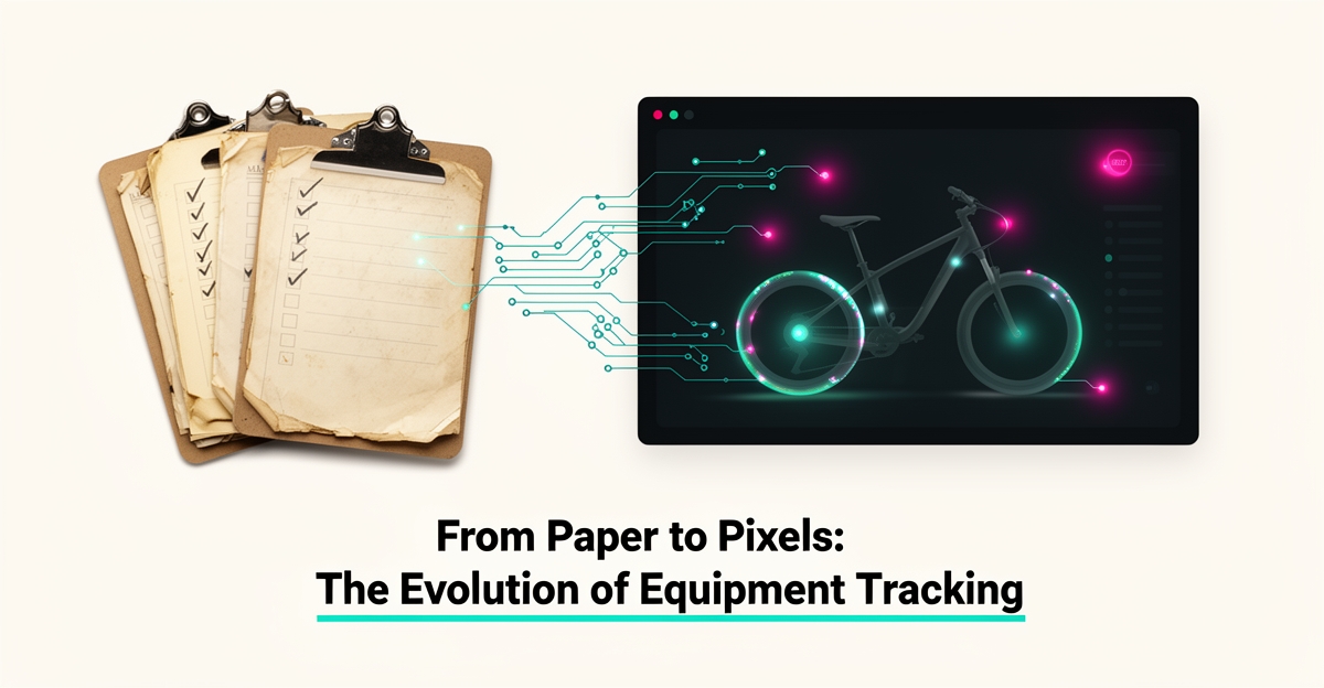 Flat illustration of paper equipment logbooks transforming into an AI dashboard scanning rental sports gear for wear, with teal and magenta accents.