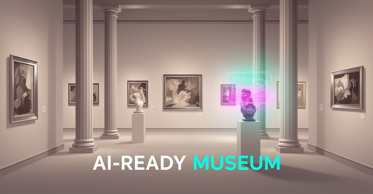 Minimalist flat illustration of a museum gallery with a glowing AI hologram beside a sculpture, accented in teal and magenta.