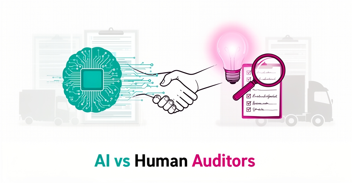 Flat illustration contrasting AI speed and human judgment in DOT compliance auditing, with hybrid model merging both approaches.