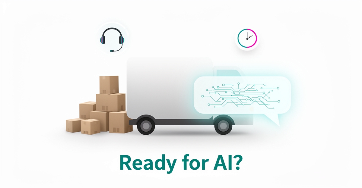 Flat illustration of a moving truck and boxes beside AI chat interface elements, symbolizing AI customer support readiness for moving companies.