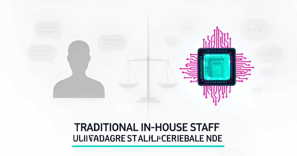 Flat illustration comparing an AI chatbot icon against a human staff silhouette for handling customer inquiries, with headline 'AI vs. Human Staff'.