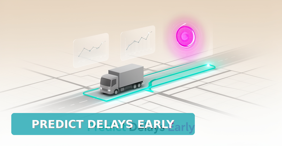 Flat illustration of a delivery truck on an AI-optimized route with predictive forecast graphics in teal and magenta, headline reading Predict Delays Early.