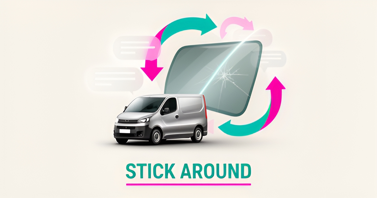 Flat illustration of a mobile windshield repair van with loyalty loop arrows in teal and magenta, headlined Stick Around.