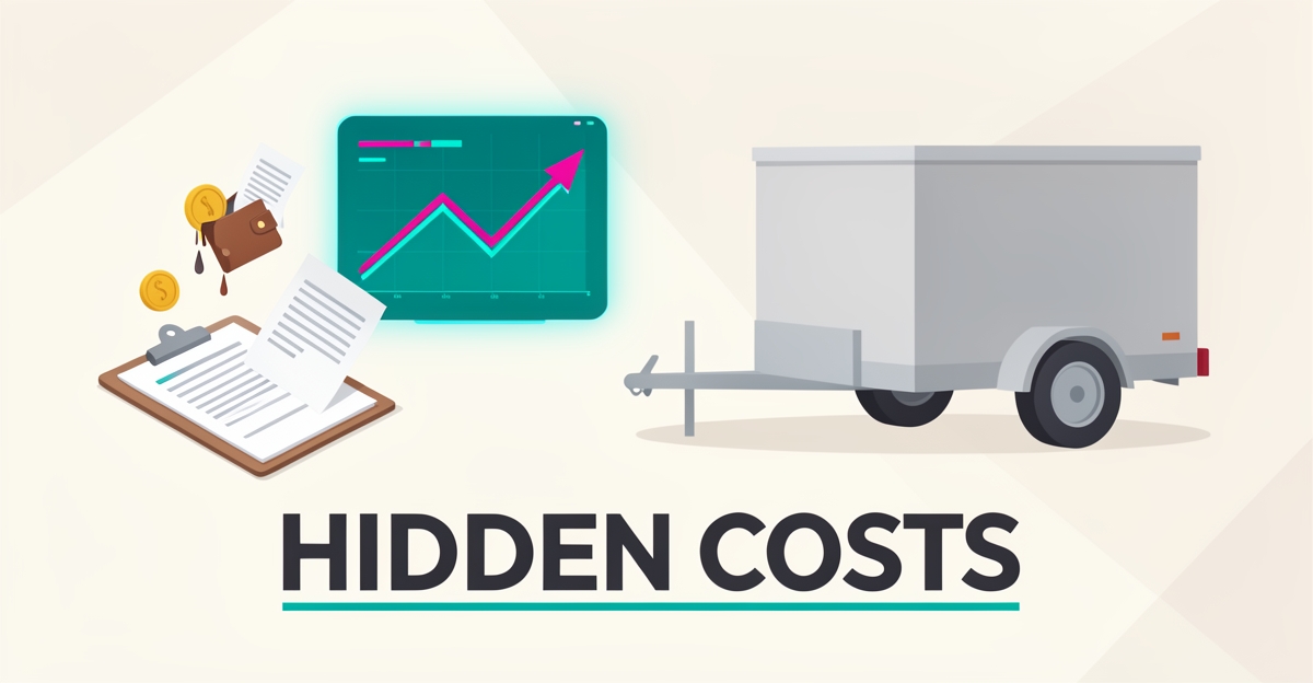 Flat illustration of a trailer with scattered paper leads transforming into a glowing AI dashboard, highlighting hidden costs of manual lead tracking.