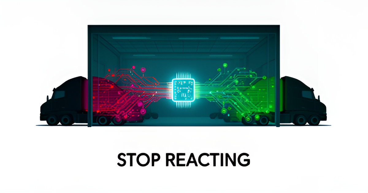 Flat illustration of a fleet truck connected to AI predictive maintenance data streams with the headline Stop Reacting.