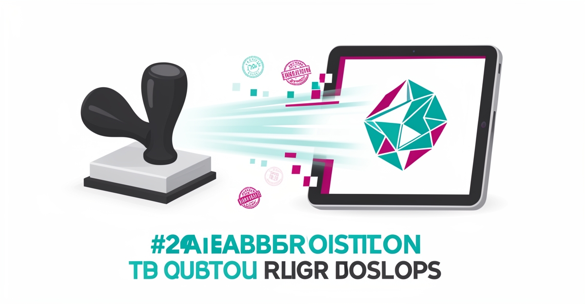 Flat illustration of a rubber stamp transforming into a digital tablet design, symbolizing AI-powered stamp design efficiency.