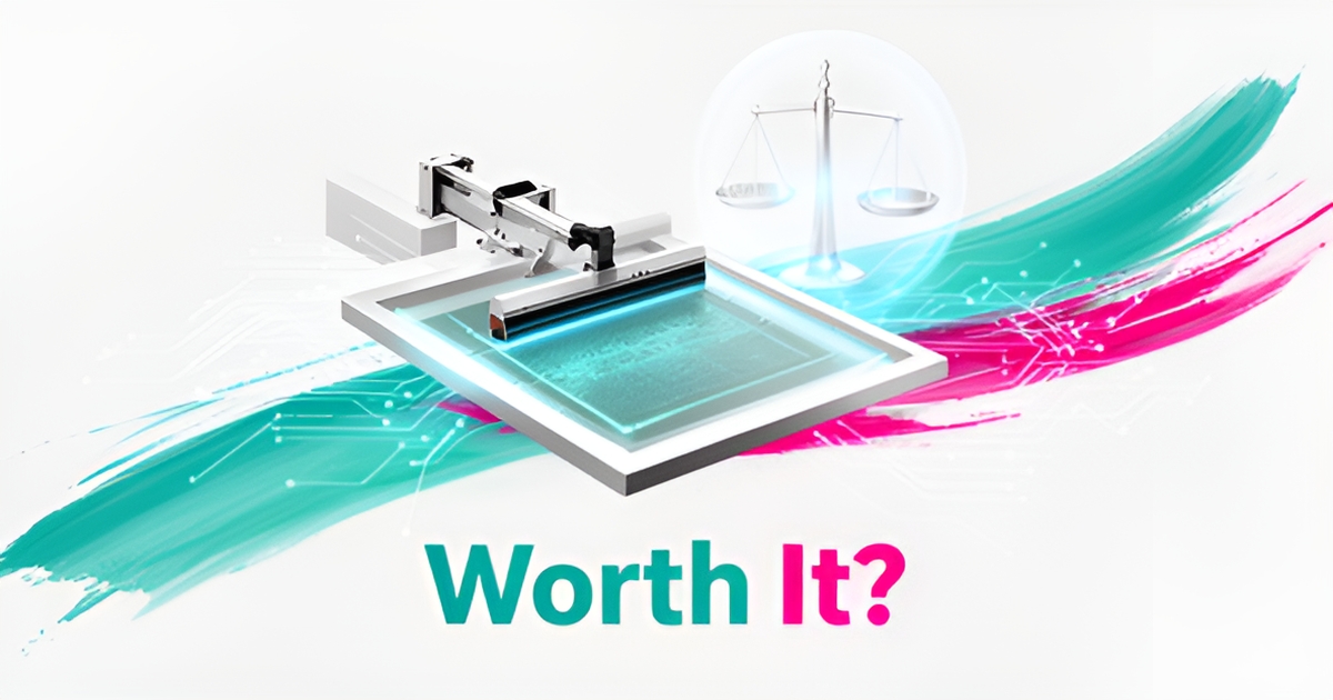Flat illustration of a screen printing press with digital automation lines and a cost-benefit balance motif in teal and magenta.