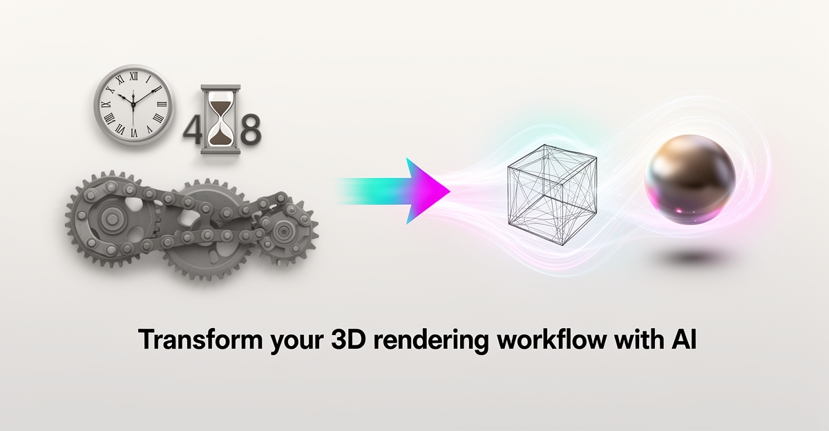 Flat illustration comparing slow manual 3D rendering workflow to fast AI accelerated rendering with teal and magenta accents.