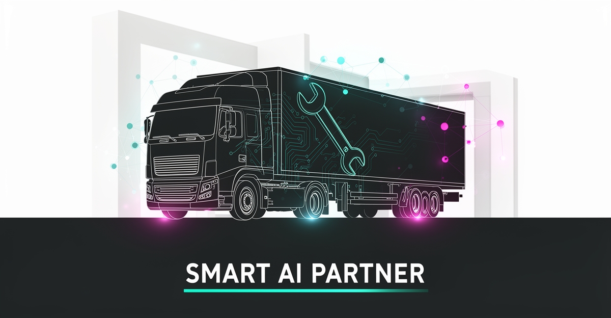Flat illustration of a semi truck in a service bay surrounded by glowing AI diagnostic nodes, with headline reading Smart AI Partner.