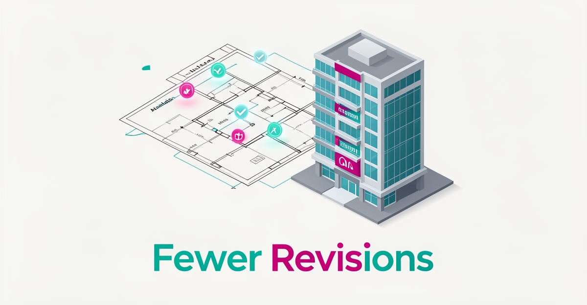 Flat illustration of a building blueprint evolving into a finished 3D model with AI detection highlights, accented in teal and magenta.
