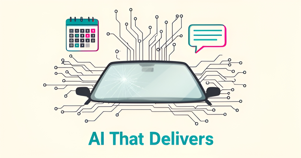 Flat illustration of a car windshield surrounded by AI scheduling and chatbot icons in teal and magenta, symbolizing AI partnership for auto glass repair operations.