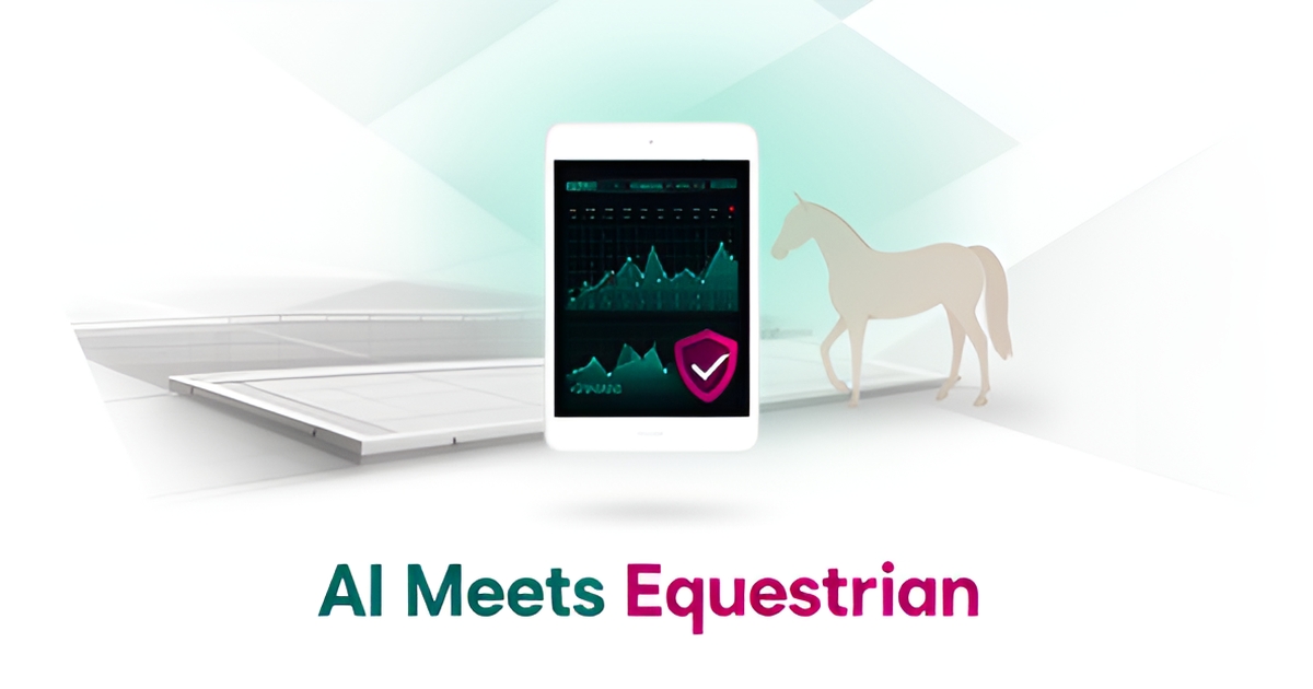 Flat illustration of a tablet with AI interface elements beside a stylized horse silhouette in teal and magenta accents.