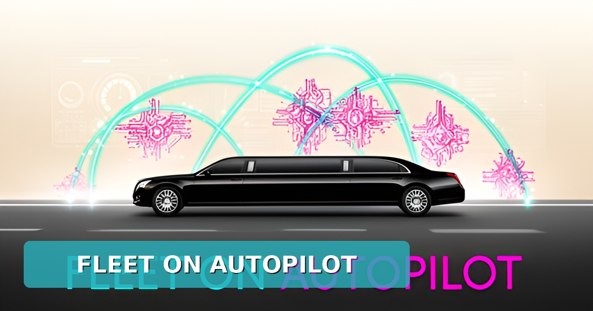 Flat illustration of an AI-automated limousine fleet with glowing route lines and dashboard nodes in teal and magenta, headlined Fleet on Autopilot.