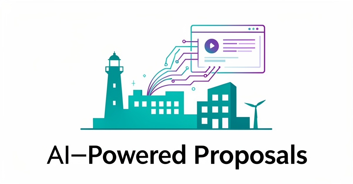 Flat illustration of Halifax skyline, lighthouse, building, and AI data streams forming a proposal screen with teal and purple accents.
