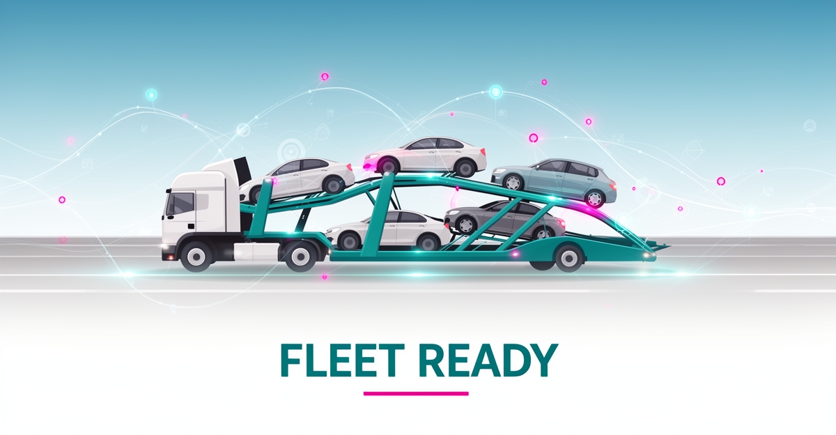 Flat illustration of an auto hauling truck with glowing AI route lines and the headline Fleet Ready.
