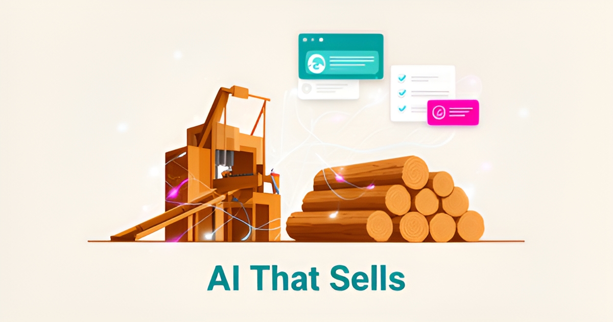 Flat illustration of a sawmill with timber logs and glowing AI data lines in teal and magenta, symbolizing automated timber sales prospecting.